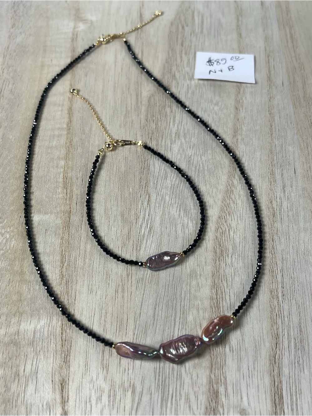 Black Beaded Necklace and Bracelet Set with Iridescent Pearls
